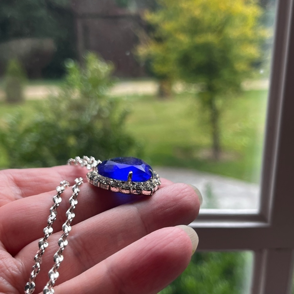 1998 Lindenwold Heart of The Titanic Blue Ocean Glass Heart Necklace w Case - Picture 3 of 14